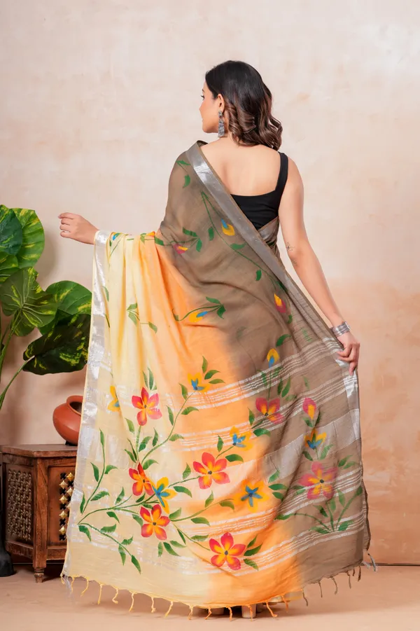 Hand_Painted_Floral_Saree_With_Silver_Border