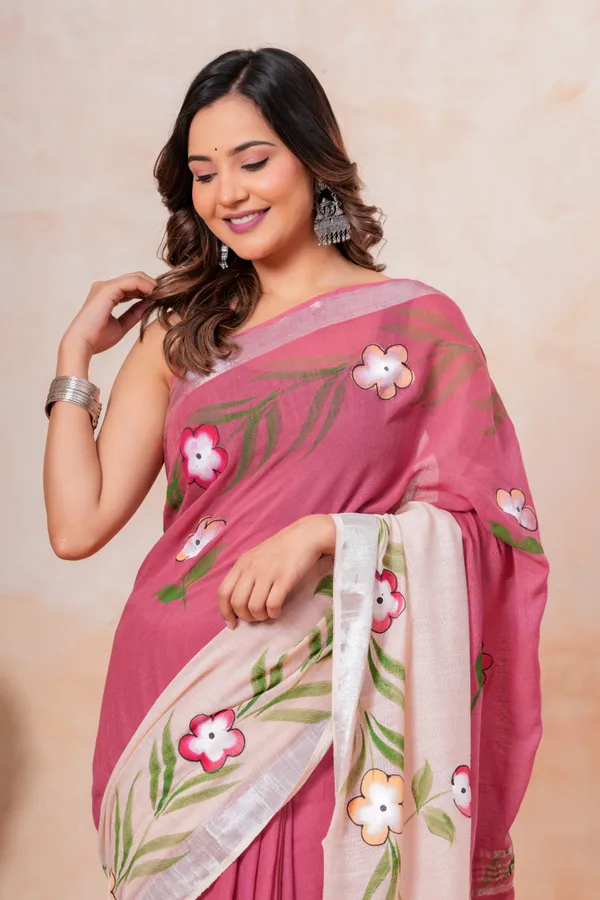 Pink_And_White_Floral_Hand_Painted_Linen_Saree_With_Blouse