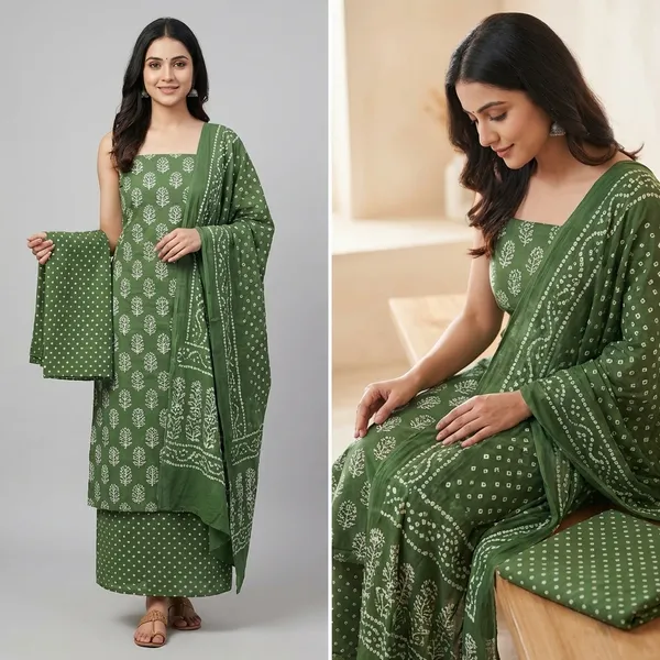 Green_Bandhani_Print_Cotton_Dress_Material_Suit_Set_With_Chiffon_Dupatta