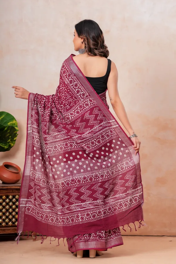 Maroon_Batik_Print_Linen_Saree_With_Block_Print_Design