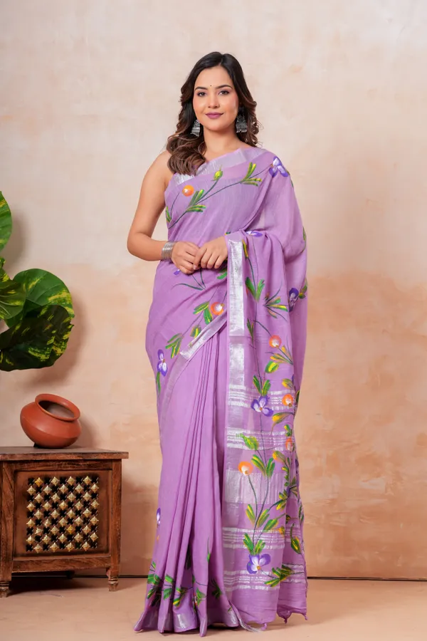 Purple_Floral_Embroidered_Linen_Saree_With_Silver_Border