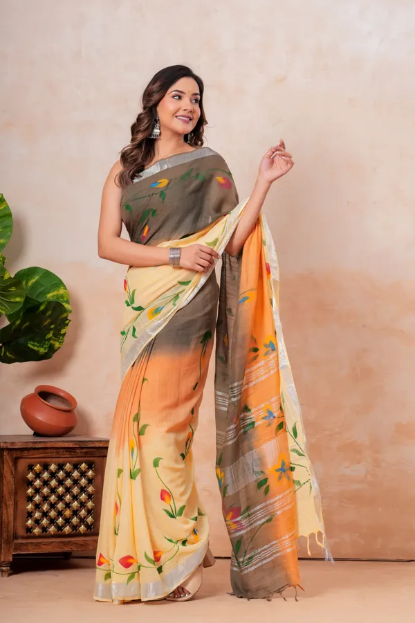 Hand_Painted_Floral_Saree_With_Silver_Border