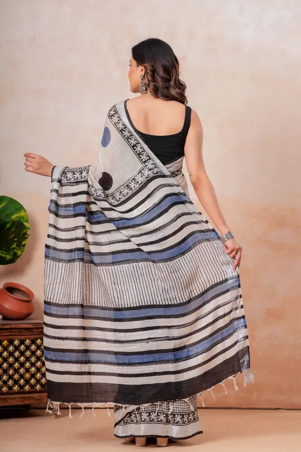 Off_White_Handloom_Linen_Saree_With_Geometric_Print_And_Striped_Border