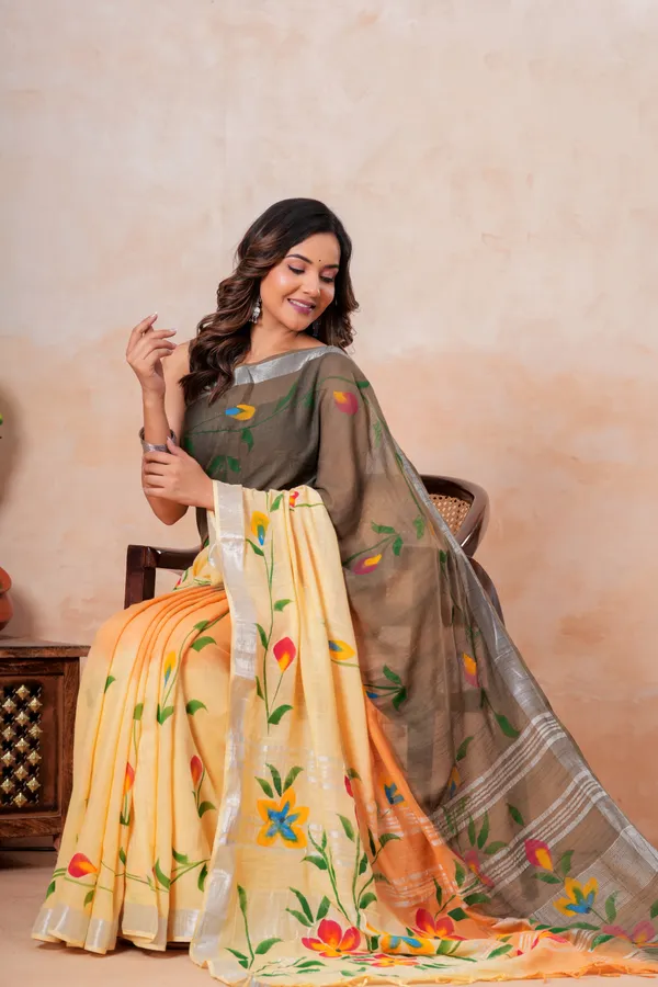 Hand_Painted_Floral_Saree_With_Silver_Border
