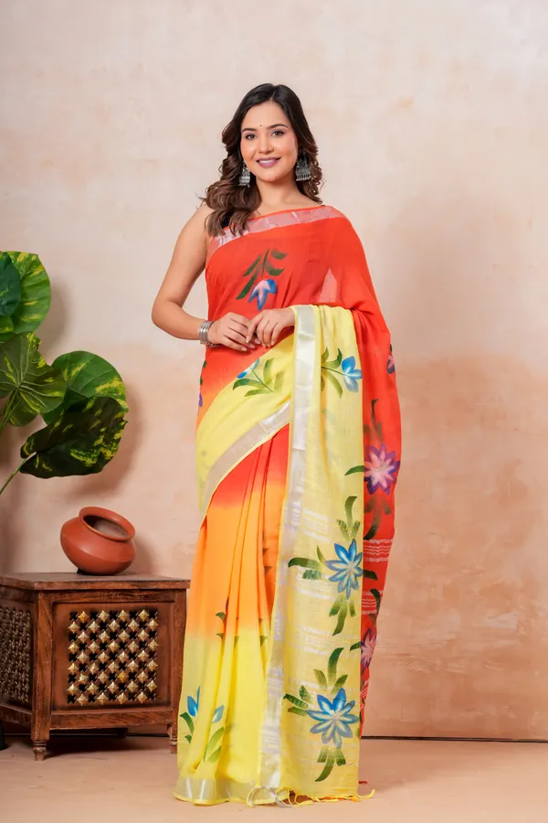 Vibrant_Floral_Printed_Linen_Saree_With_Yellow_And_Orange_Ombre_Design