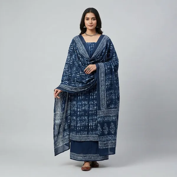 Elegant_Black_And_Grey_Cotton_Dress_Material_With_Dupatta_Chanderi_Suit
