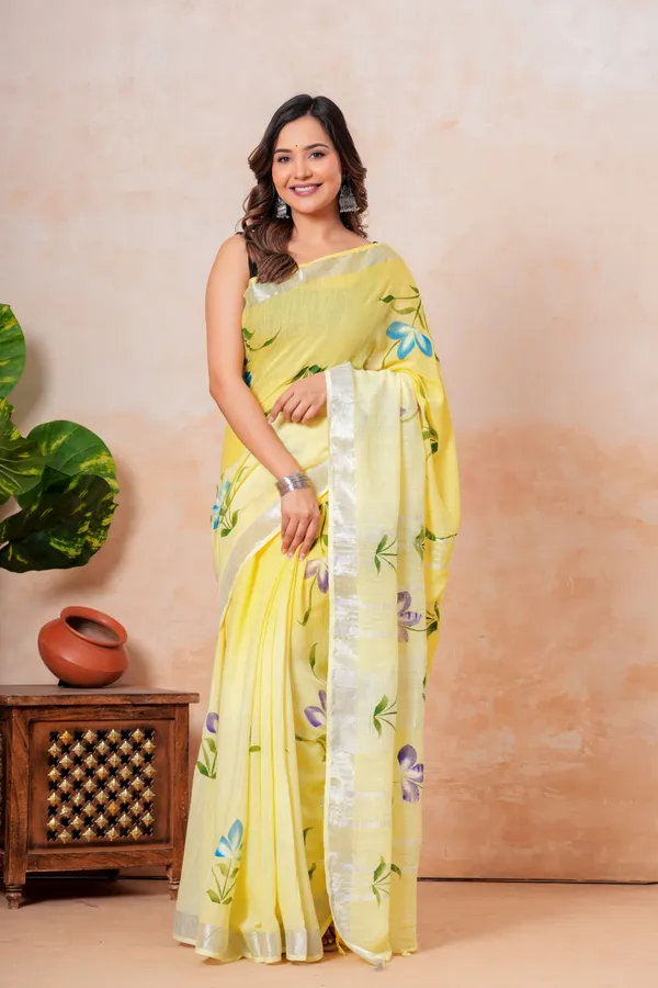 Yellow_Floral_Printed_Linen_Saree_With_Silver_Border