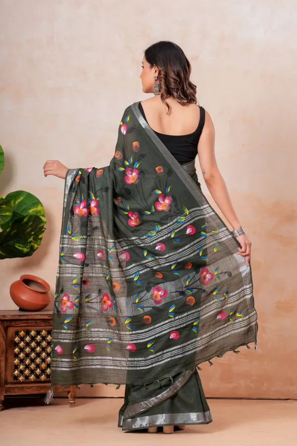 Elegant_Olive_Green_Floral_Embroidered_Saree_With_Silver_Border
