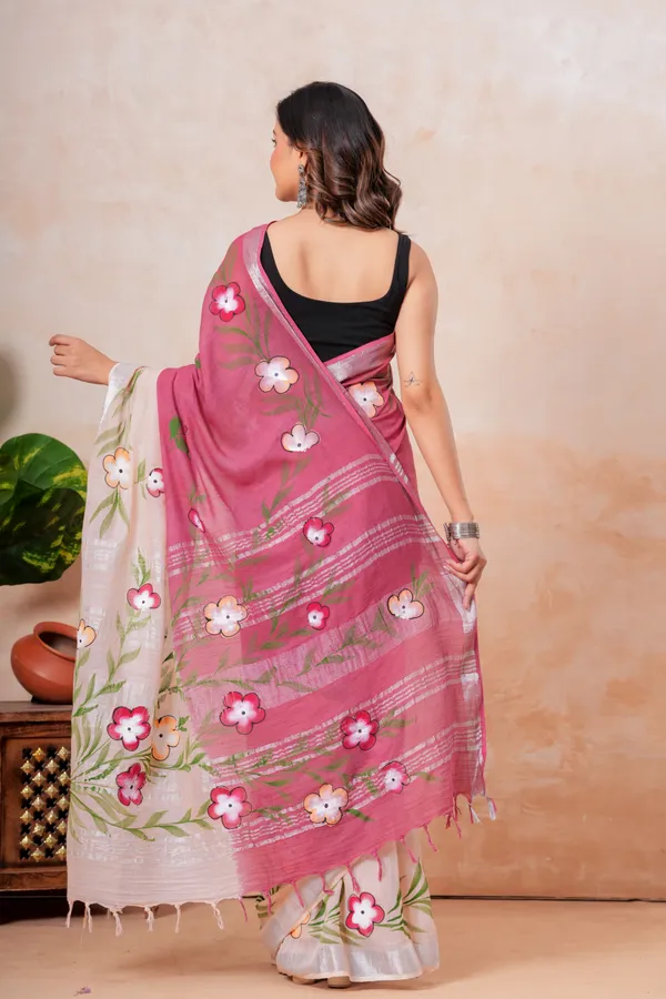Pink_And_White_Floral_Hand_Painted_Linen_Saree_With_Blouse