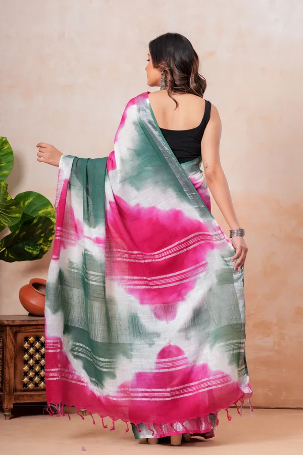 Tie_Dye_Linen_Saree_With_Silver_Zari_Border_Pink_And_Green