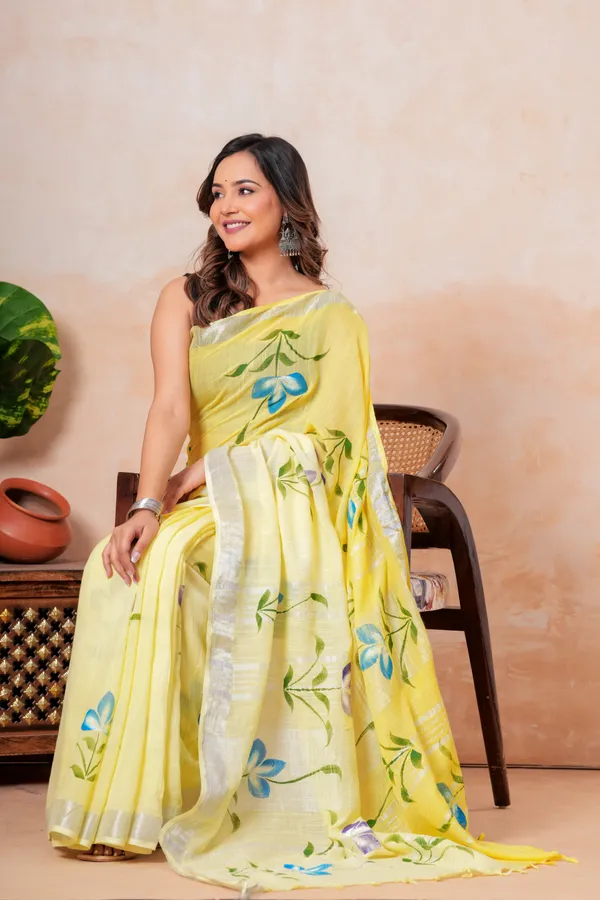 Yellow_Floral_Printed_Linen_Saree_With_Silver_Border