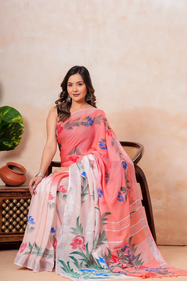 Floral_Printed_Linen_Saree_With_Blouse_Pink_And_White