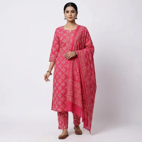Red_Bandhani_Print_Unstitched_Suit_Set_With_Chiffon_Dupatta