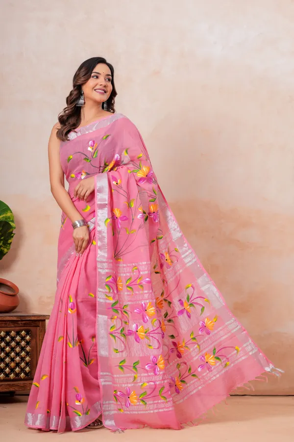 Pink_Floral_Embroidered_Jamdani_Saree_With_Silver_Border