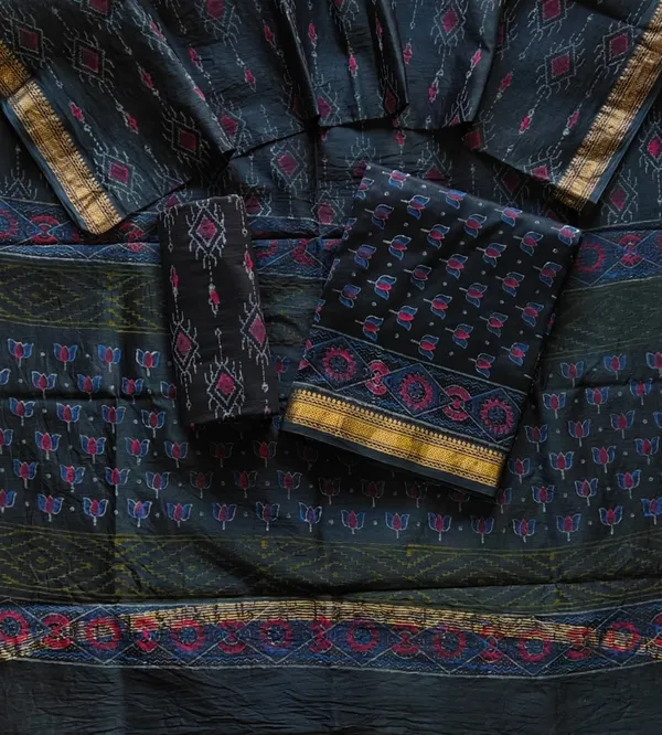 Black_Sambalpuri_Ikat_Linen_Saree_With_Geometric_And_Floral_Motifs_Maheshwari_Silk_Suit