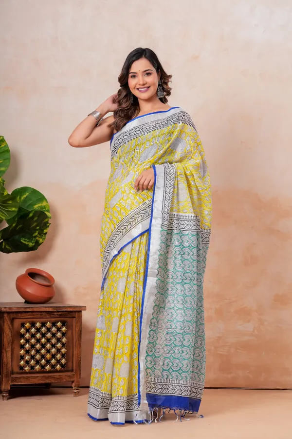 Yellow_Handloom_Block_Printed_Saree_With_Blue_Border