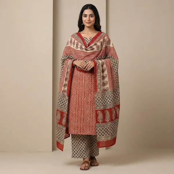 Block_Print_Cotton_Mulmul_Suit_Set_With_Dupatta_Maroon_And_Beige