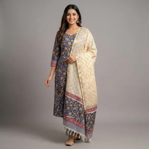 Yellow_And_Blue_Hand_Block_Printed_Cotton_Linen_Suit_With_Floral_Motifs