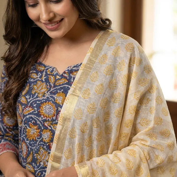Yellow_And_Blue_Hand_Block_Printed_Cotton_Linen_Suit_With_Floral_Motifs