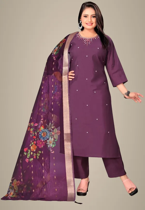 Purple_Cotton_Kurti_Pant_Dupatta_Set_For_Women