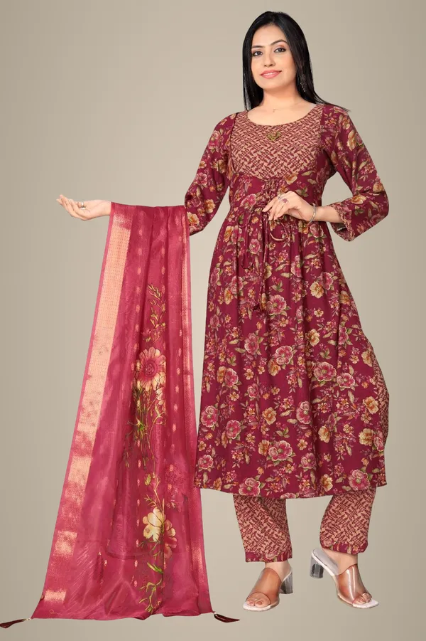 Maroon_Cotton_Kurti_Pant_Dupatta_Set_For_Women
