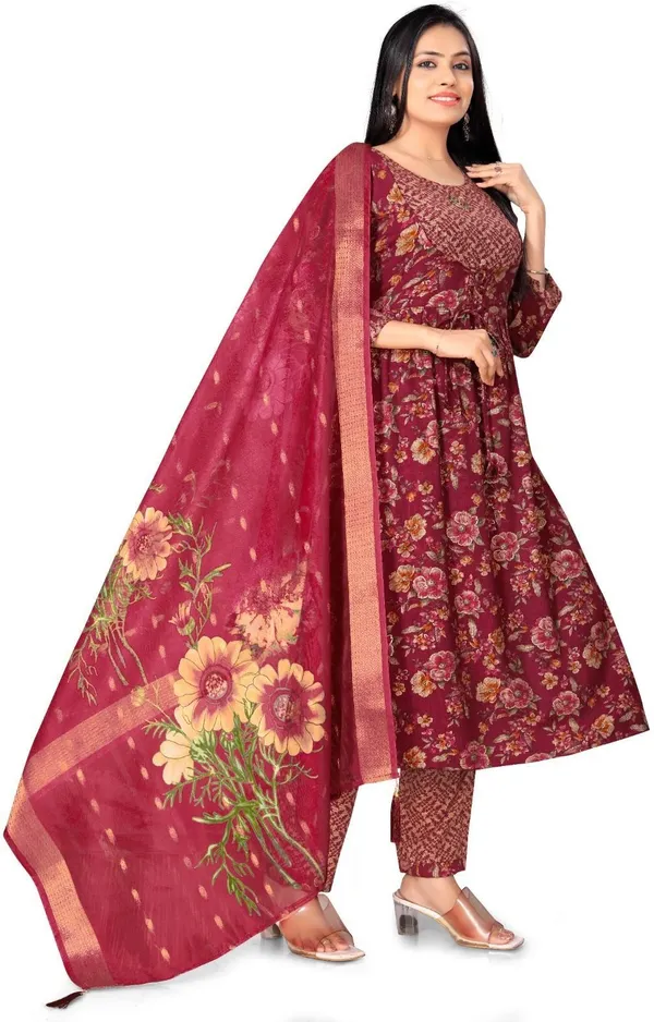 Maroon_Cotton_Kurti_Pant_Dupatta_Set_For_Women