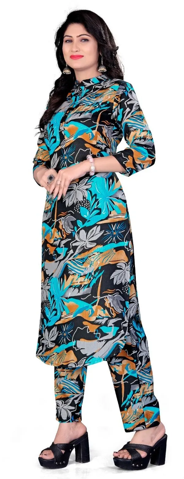 Black_&_Blue_Cotton_Kurti_Pant_Set_For_Women