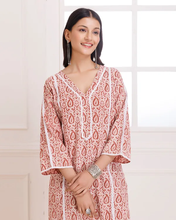 Peach_Dabu_Hand_Block_Printed_Cotton_Kurta_Pant