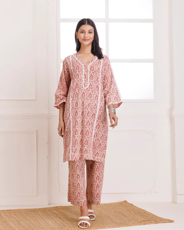 Peach_Dabu_Hand_Block_Printed_Cotton_Kurta_Pant