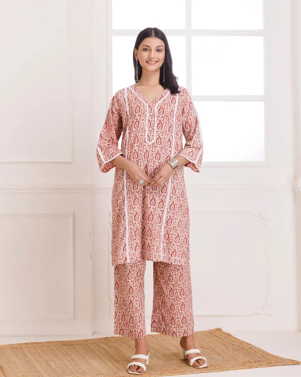 Peach_Dabu_Hand_Block_Printed_Cotton_Kurta_Pant