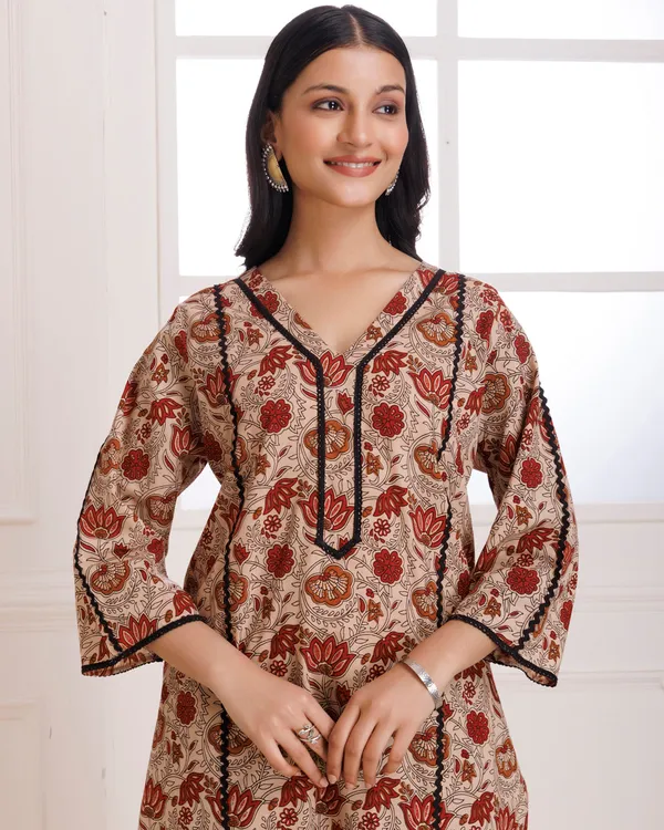 Beige_Bagru_Hand_Block_Printed_Cotton_Kurta_Pant