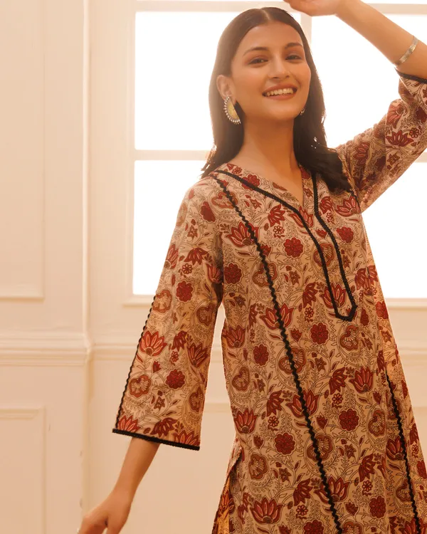 Beige_Bagru_Hand_Block_Printed_Cotton_Kurta_Pant