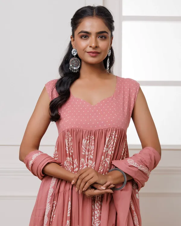 Peach_Coral_Handblock_Printed_Cotton_Anarkali_Suit