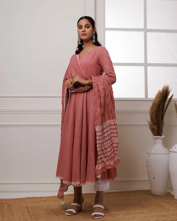 Peach_Coral_Polka_Dot_Printed_Cotton_Anarkali_Suit