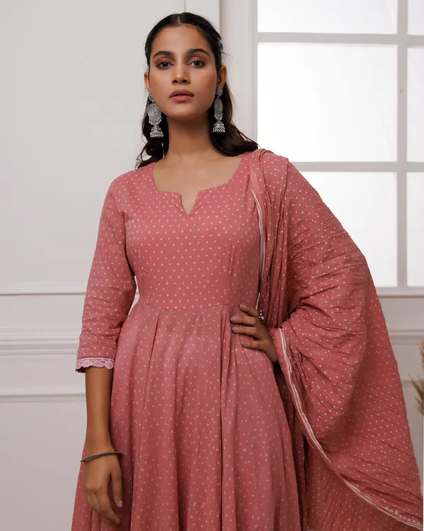 Peach_Coral_Polka_Dot_Printed_Cotton_Anarkali_Suit