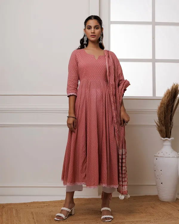 Peach_Coral_Polka_Dot_Printed_Cotton_Anarkali_Suit