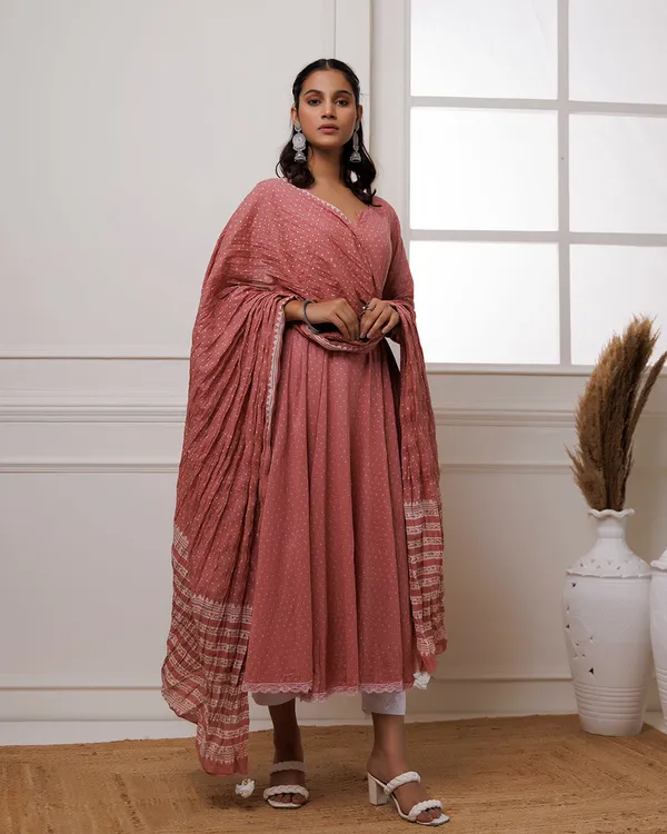 Peach_Coral_Polka_Dot_Printed_Cotton_Anarkali_Suit