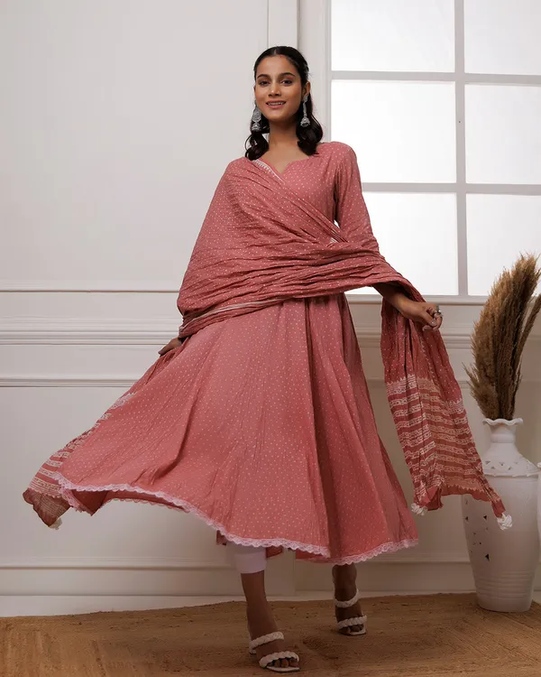 Peach_Coral_Polka_Dot_Printed_Cotton_Anarkali_Suit
