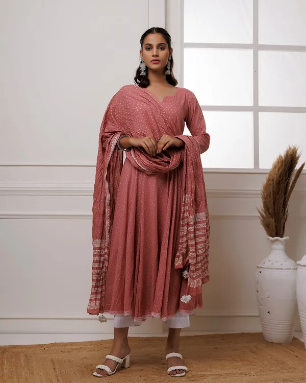Peach_Coral_Polka_Dot_Printed_Cotton_Anarkali_Suit