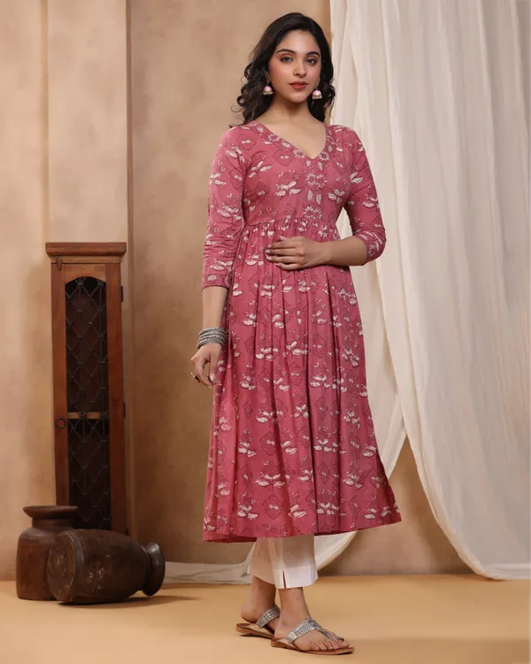 Peach_Dabu_Hand_Block_Printed_Cotton_Gathe_Kurti