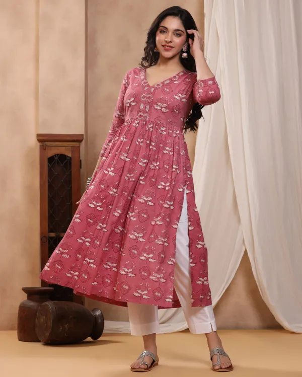 Peach_Dabu_Hand_Block_Printed_Cotton_Gathe_Kurti
