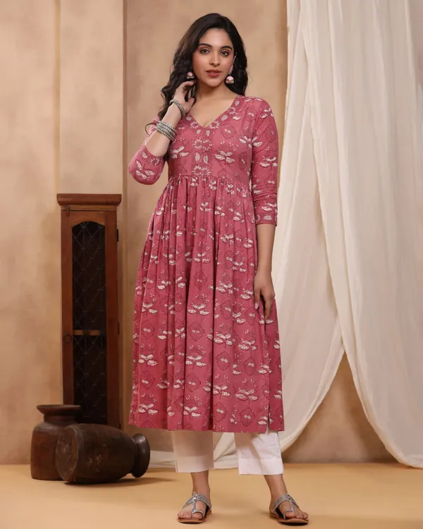 Peach_Dabu_Hand_Block_Printed_Cotton_Gathe_Kurti