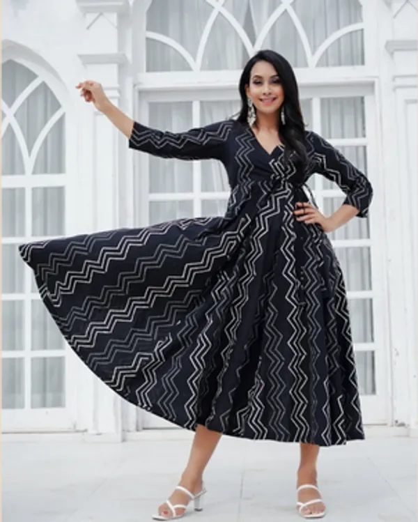 Black_Daisy_Hand_Block_Print_Cotton_Angrakha_Midi_Dress