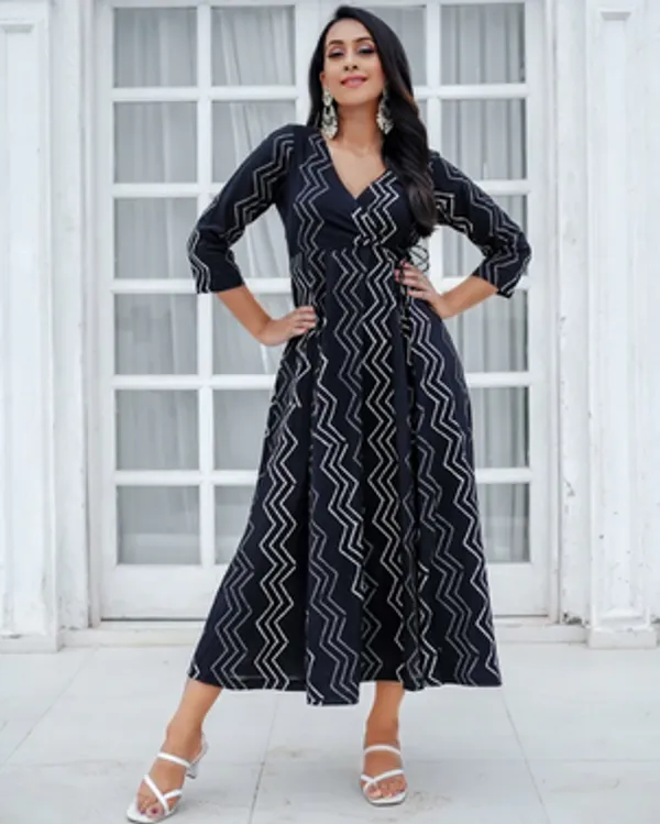 Black_Daisy_Hand_Block_Print_Cotton_Angrakha_Midi_Dress