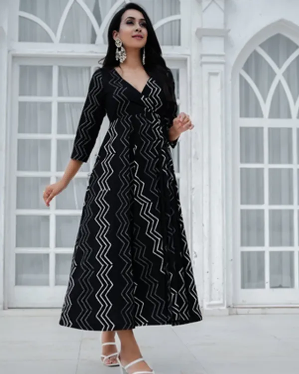 Black_Daisy_Hand_Block_Print_Cotton_Angrakha_Midi_Dress