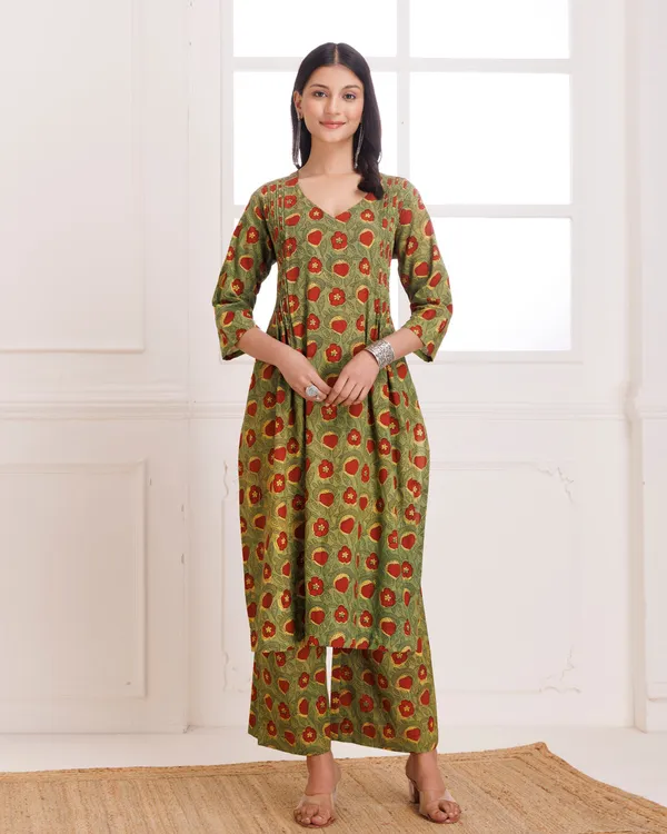 Mustard_Bagru_Hand_Block_Printed_Cotton_Pintucks_Kurta_Pant
