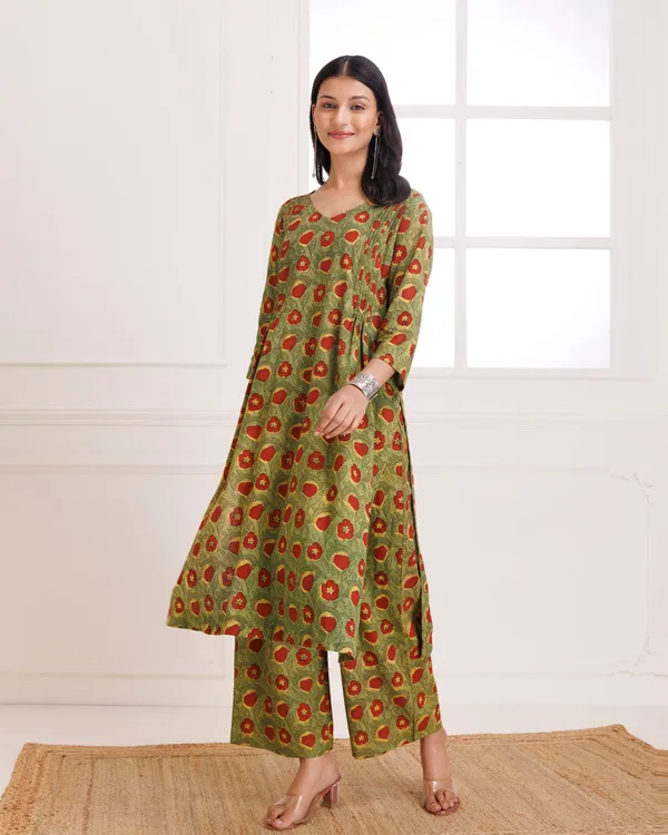 Mustard_Bagru_Hand_Block_Printed_Cotton_Pintucks_Kurta_Pant