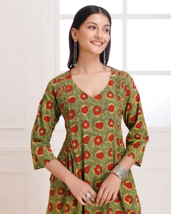 Mustard_Bagru_Hand_Block_Printed_Cotton_Pintucks_Kurta_Pant