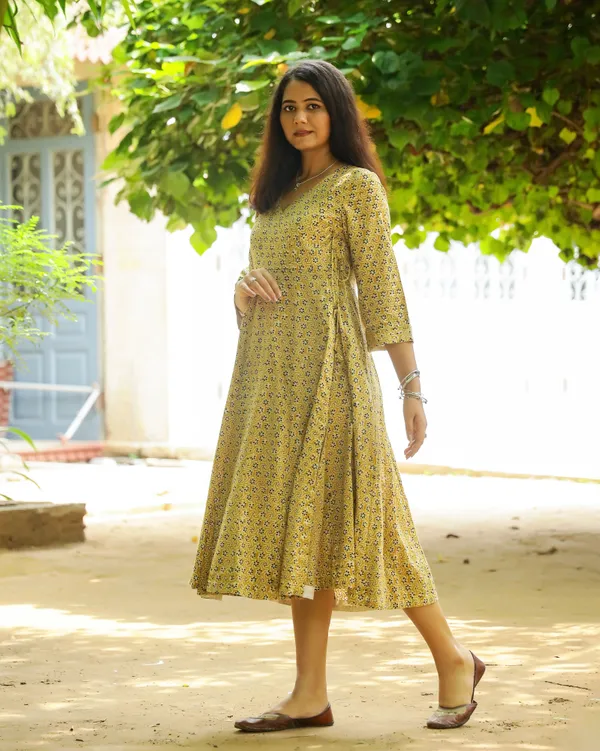 Mustard_Bagru_Butti_Print_Cotton_Angrakha_Dress