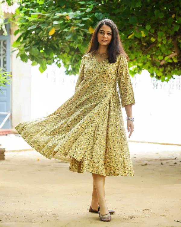 Mustard_Bagru_Butti_Print_Cotton_Angrakha_Dress